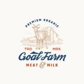 Premium Organic Milk and Meat Farm Retro Badge or Logo Template. Hand Drawn Goat and Farm Landscape Sketch with Retro