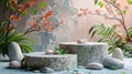 A premium paper podium set against a soft pastel backdrop, embellished with plant branches, leaves, pebbles