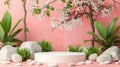 A premium paper podium set against a soft pastel backdrop, embellished with plant branches, leaves, pebbles
