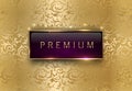 Premium purple label with rectangle golden frame crown on gold floral background. Royal glossy vip template. Vector luxury