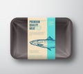 Premium Quality Anchovy. Abstract Vector Fish Plastic Tray with Cellophane Cover Packaging Design Label. Modern