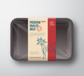 Premium Quality Beef Pack. Abstract Vector Meat Plastic Tray Container with Cellophane Cover. Packaging Design Label