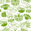 Premium quality eco vegan stamp logo product mark retro grunge badges vector seamless pattern background .