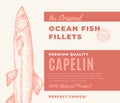 Premium Quality Fish Fillets. Abstract Vector Fish Packaging Design or Label. Modern Typography and Hand Drawn Capelin