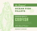 Premium Quality Fish Fillets. Abstract Vector Fish Packaging Design or Label. Modern Typography and Hand Drawn Codfish