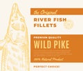 Premium Quality Fish Fillets. Abstract Vector Fish Packaging Design or Label. Modern Typography and Hand Drawn Pike