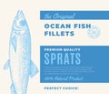 Premium Quality Fish Fillets. Abstract Vector Fish Packaging Design or Label. Modern Typography and Hand Drawn Sprat Royalty Free Stock Photo