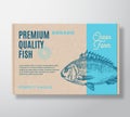 Premium Quality Fish Realistic Cardboard Box. Abstract Vector Packaging Design or Label. Modern Typography, Hand Drawn Royalty Free Stock Photo