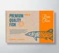 Premium Quality Fish Realistic Cardboard Box. Abstract Vector Packaging Design or Label. Modern Typography, Hand Drawn