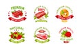 Premium Quality Food Badge with Fresh and Natural Product Ribbon Inscription Vector Set