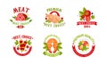 Premium Quality Food Badge with Fresh and Natural Product Ribbon Inscription Vector Set