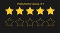 Premium quality 5 gold rating stars. Shapes of five vector rank empty and full outline stars