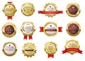 Premium quality golden badges seal with red ribbons. Realistic best seller certificate label, vintage gold luxury Royalty Free Stock Photo