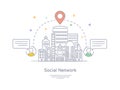 Premium Quality Hand drawn Line Icon And Concept Set: City social network, Urban landscape, Group of connecting people