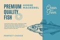 Premium Quality Horse Mackerel. Abstract Vector Food Packaging Design or Label. Modern Typography and Hand Drawn Fish