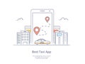 Premium Quality Line Hand Drawn Icon And Concept Set: Mobile app for ordering taxi, Mobile phone with street map and