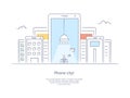 Premium Quality Line Icon And Concept Set: Phone city with a person who writes a message