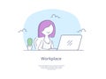 Premium Quality Line Icon And Concept Set: Young beautiful businesswomen work on portable laptop computer, freelancer