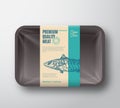 Premium Quality Mackerel Pack. Abstract Vector Fish Plastic Tray Container with Cellophane Cover. Packaging Design Label