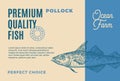 Premium Quality Pollock. Abstract Vector Food Packaging Design or Label. Modern Typography and Hand Drawn Fish Sketch