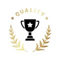 Premium quality product label sign. Best quality product logo. Black and gold badge icon with winner trophy, stars and