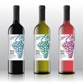 Premium Quality Red, White and Pink Wine Labels Set on the Realistic Vector Bottles. Vintage Typography Design with Hand Royalty Free Stock Photo