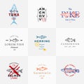 Premium Quality Retro Fish Vector Signs or Logo Templates Set. Hand Drawn Vintage Fish Sketches with Classy Typography