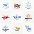 Premium Quality Retro Seafood Vector Signs or Logo Templates Set. Hand Drawn Vintage Sketches with Classy Typography