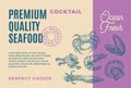 Premium Quality Seafood Cocktail. Abstract Vector Packaging Design or Label. Modern Typography and Hand Drawn Shrimp