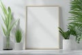 Blank A4 Vertical Frame Mockup with Green Plants on White Shelf Royalty Free Stock Photo