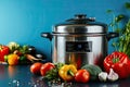 Modern Electric Pressure Cooker with Fresh Vegetables Royalty Free Stock Photo