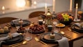 Premium Ramadan iftar setup with dates and Arabic coffee, warm ambient lighting and modern minimal tableware. Royalty Free Stock Photo