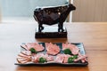 Premium Rare Slices many parts of Wagyu A5 beef with high-marbled texture on stone plate served for Yakiniku Grilled Meat.