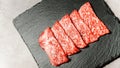 Premium Rare Slices sirloin Wagyu A5 beef with high-marbling texture on stone plate. Served for Yakiniku, Sukiyaki and Shabu.