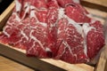 Premium raw beef sliced wagyu marbled beef in wood box Royalty Free Stock Photo