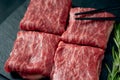 Premium raw Black Angus beef minute steak on Black wooden background. Slice wagyu