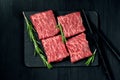 Premium raw Black Angus beef minute steak on Black wooden background. Slice wagyu