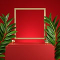 Premium Red Mockup Podium Retangle Stage With Golden Frame And Leaves Tropic Red Backgrounds Illustration 3d Rendering Royalty Free Stock Photo