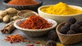 Premium Red Saffron Threads in Ceramic Bowl with Assorted Spices Royalty Free Stock Photo