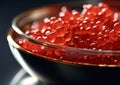 Premium red salmon trout caviar in silver bowl.Macro.Ai Generative