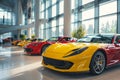 Premium red and yellow sports cars in modern dealership showroom with huge windows