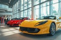 Premium red and yellow sports cars in modern dealership showroom with huge windows