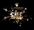 Premium sale banner with firework, crown and textured gold letters.