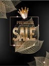 Premium sale banner with gold skeleton leaves, crown and letters.