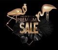 Premium sale banner with tropical objects. Gold and black.