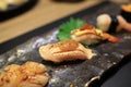 Premium salmon sushi on Japanese dish in the restaurant. Royalty Free Stock Photo