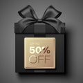 Premium style black realistic vector gift box with golden tag and Up To 50 Percent Off text. Giftbox banner background. Royalty Free Stock Photo