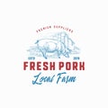 Premium Suppliers Pork Farm Retro Badge or Logo Template. Hand Drawn Pig and Farm Landscape Sketch with Retro Typography