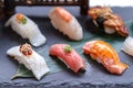 Premium Sushi Set Include Engawa, Hamachi, Hotate, Toro, Foie Gras, Salmon, Sea Urchin and Tai. Royalty Free Stock Photo