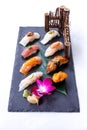 Premium Sushi Set Include Engawa, Hamachi, Hotate, Toro, Foie Gras, Salmon, Sea Urchin and Tai. Royalty Free Stock Photo